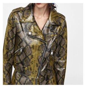 Zara Jacket Wom Small Snakeskin Print Faux Leather Motorcycle Crop Short Yellow